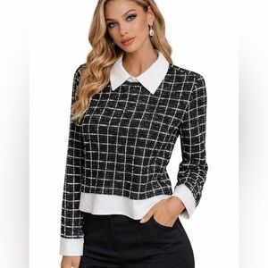 0278.Elegant Black and White Checkered Women's Top